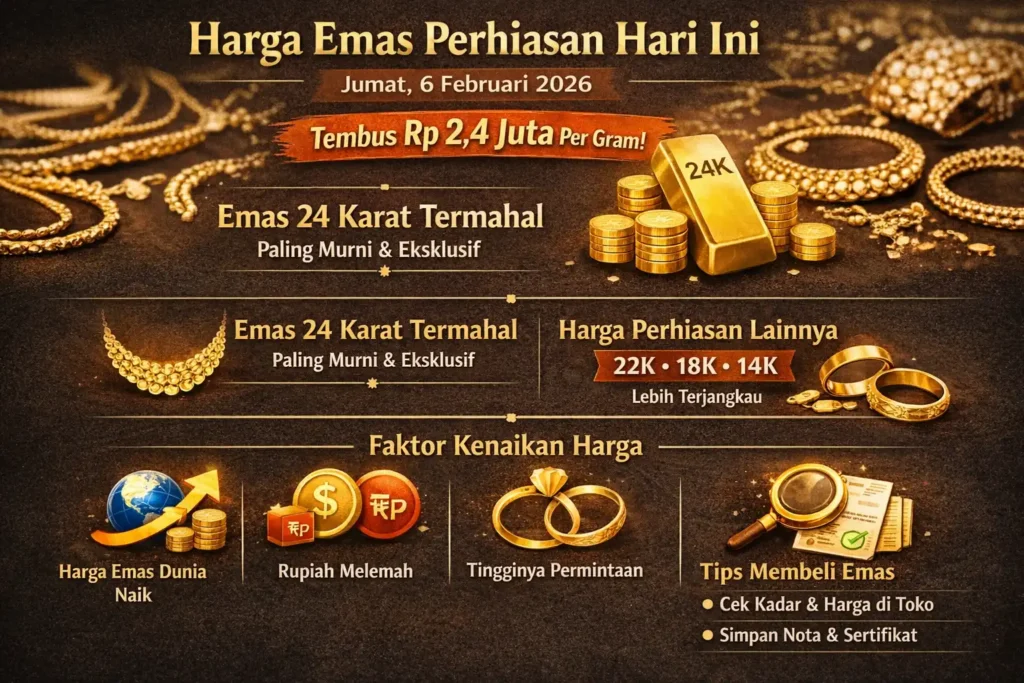 Harga Emas Perhiasan Hari Ini 6 Februari 2026: Termahal Tembus Rp 2,4 Juta